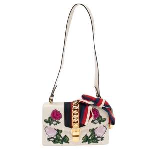 Pre Owned Gucci Ivory Leather Floral Embroidered Small Web Chain Sylvie Shoulder Bag