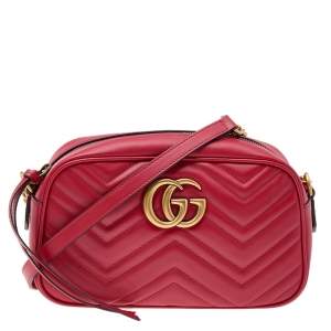 Pre Owned Gucci Red Matelassé Leather Small GG Marmont Crossbody Bag