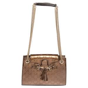 Gucci Bronze Guccissima Mirrored Leather Small Emily Chain Shoulder Bag