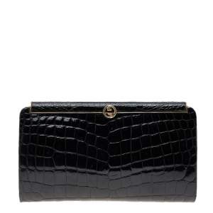Pre Owned Gucci Black Crocodile Shiny Leather Vintage Clutch