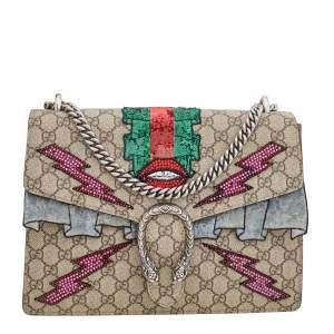 Pre Owned Gucci Beige GG Supreme Coated Canvas And Suede Medium Embroidered Dionysus Shoulder Bag