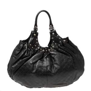 Pre Owned Gucci Black Guccissima Leather Medium Pelham Studded Hobo