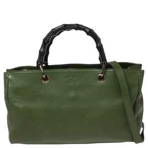 Pre Owned Gucci Green Leather Bamboo Shopper Tote Bag