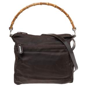 Pre Owned Gucci Brown Nylon and Leather Bamboo Shoulder Bag