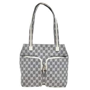 مملوكة مسبقًا حقيبة يد توتس غوتشي جلد وكانفاس جي جي رصاصي/أبيض جيب مزدوج