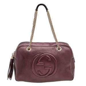 Pre Owned Gucci Metallic Burgundy Leather Soho Large Chain Shoulder Bag
