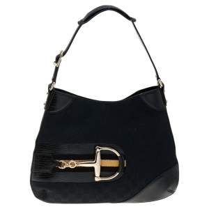 مملوكة مسبقًا حقيبة هوبو غوتشي جلد وكانفاس جي جي أسود مزين ويب هورسبيت