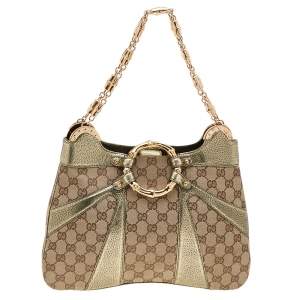 Pre Owned Gucci Beige/Metallic GG Canvas And Leather Bamboo Shoulder Bag