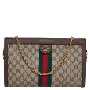 Pre Owned Gucci Beige/Ebony GG Supreme Canvas and Leather Medium Ophidia Shoulder Bag