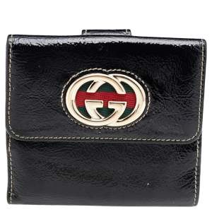 مملوكة مسبقًا Gucci Black Patent Leather GG Web Britt Compact Wallet