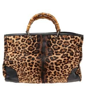 Pre Owned Gucci Brown/Black Leopard Print Pony Hair And Leather Bamboo Shopper Tote