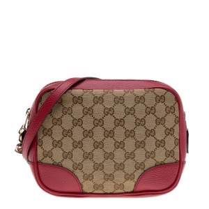 Pre Owned Gucci Red/Beige Leather And GG Canvas Bree Shoulder Bag