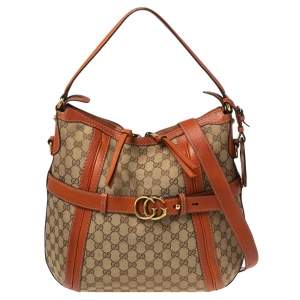Pre Owned Gucci Beige/Orange GG Canvas and Leather Medium Double G Running Hobo       