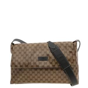 مملوكة مسبقًا Gucci Beige/Brown GG Crystal Canvas And Leather Flap Messenger Bag