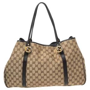 Pre Owned Gucci Beige/Brown GG Canvas and Leather Large GG Twins Tote