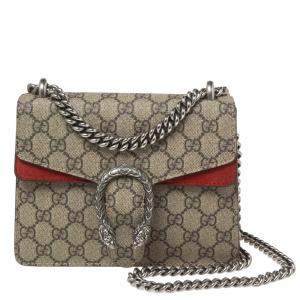 Pre Owned Gucci Red/Beige GG Supreme Canvas and Suede Mini Dionysus Shoulder Bag