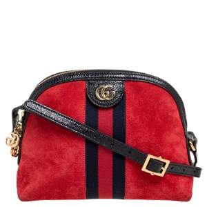 Pre Owned Gucci Red/Black Leather And Suede Small Ophidia Shoulder Bag