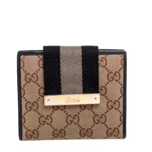 Gucci Beige/Black GG Canvas and Leather Web Flap French Wallet