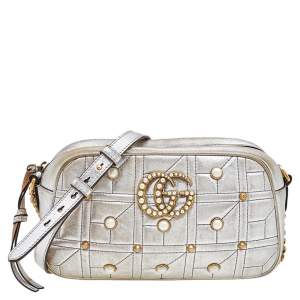 Pre Owned Gucci Metallic Silver Pearl Studded Matelassé Leather GG Marmont Shoulder Bag