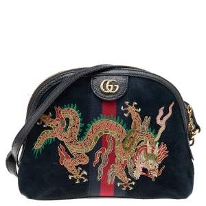 Pre Owned Gucci Black Leather And Suede Small Ophidia Dragon Embroidered Shoulder Bag