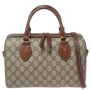 Pre Owned Gucci Beige/Brown GG Supreme Canvas and Leather Boston Bag