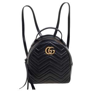 Pre Owned Gucci Black Matelassé Leather GG Marmont Backpack