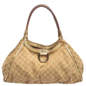 Pre Owned Gucci Gold/Beige GG Canvas And Leather Abbey D-Ring Shoulder Bag