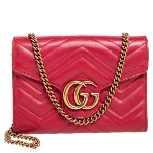 Pre Owned Gucci Red Leather GG Marmont Matelassé Mini Crossbody Bag