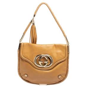 Pre Owned Gucci Beige Leather Medium Britt Tassel Hobo