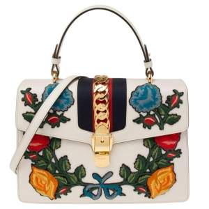 Pre Owned Gucci White Leather Floral Embroidered Medium Sylvie Top Handle Bag