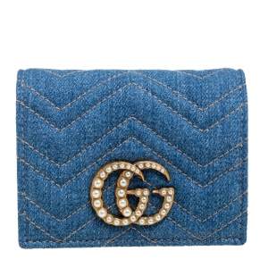 مملوكة مسبقًا Gucci Blue Matelassé Denim and Leather GG Pearl Marmont Compact Wallet