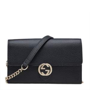Gucci Black Leather Interlocking G Wallet on Chain