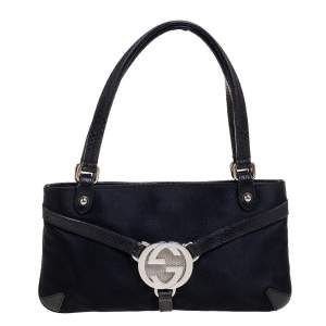 Pre Owned Gucci Black Fabric And Lizard Trim Reins Pochette