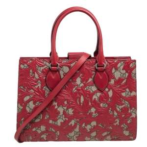 Pre Owned Gucci Red/Beige GG Supreme Canvas Arabesque Tote