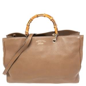 Pre Owned Gucci Brown Leather Large Bamboo Handle Shopper Tote  