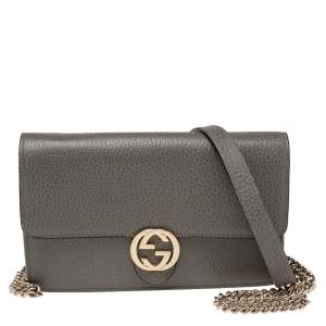 Gucci Grey Leather Interlocking G Wallet on Chain