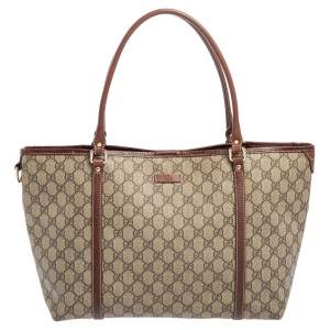 Pre Owned Gucci Brown/Beige GG Supreme Canvas and Leather Medium Joy Shopping Tote