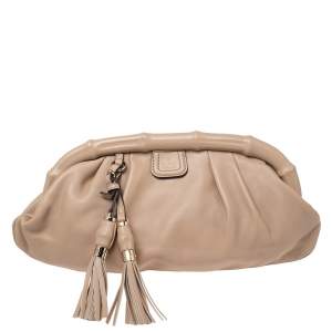 Pre Owned Gucci Beige Leather Bamboo Frame Tassel Clutch
