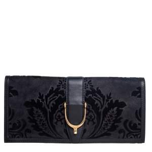 Pre Owned Gucci Black Brocade Suede Stirrup Clutch