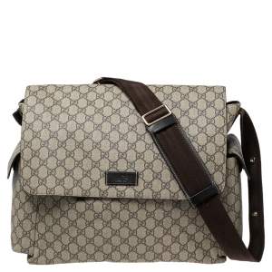 Pre Owned Gucci Beige/Brown GG Supreme Canvas Messenger Diaper Bag 
