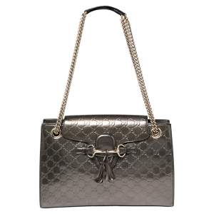 Pre Owned Gucci Dark Grey Guccissima Patent Leather Large Emily Chain Shoulder Bag