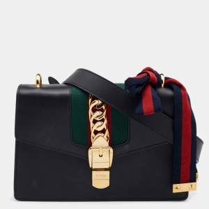 Pre Owned Gucci Black Leather Small Web Chain Sylvie Shoulder Bag