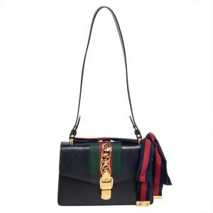 Pre Owned Gucci Black Leather Small Web Sylvie Shoulder Bag
