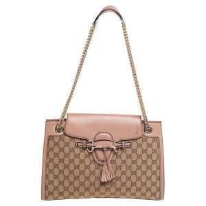 مملوكة مسبقًا حقيبة كتف غوتشي إيميلي جلد وكانفاس جي جي بني/بيج بسلسلة كبيرة