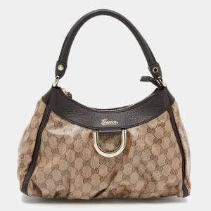 Pre Owned Gucci Beige/Ebony GG Crystal Canvas and Leather Small D Ring Hobo