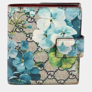 Gucci Beige/Blue GG Supreme Blooms Canvas French Flap Wallet