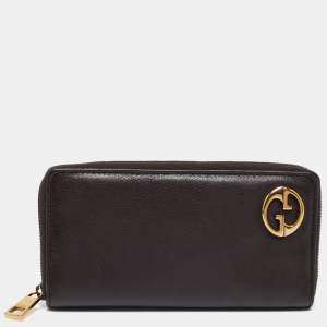 مملوكة مسبقًا محفظة غوتشي GG جلد بني بسحاب محيط