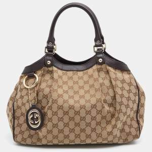 Pre Owned Gucci Beige/Brown GG Canvas And Leather Medium Sukey Tote