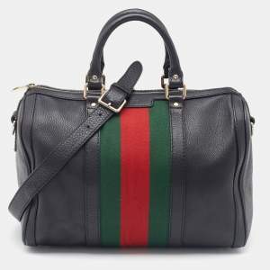 Pre Owned Gucci Black Leather Medium Vintage Web Detail Boston Bag