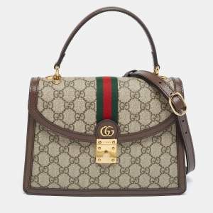 Pre Owned Gucci Beige/Brown Supreme Canvas And Leather Small Ophidia Top Handle Bag